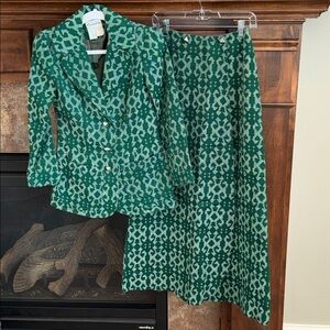 Vintage tweed like green geometric jacket skirt suit set est S statement mod